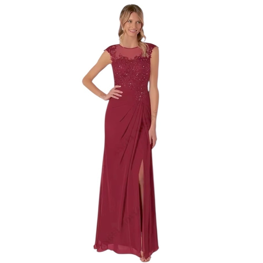 Women’s Burgundy Wine Floral Lace Chiffon gown dress NWT Sz- see measurements